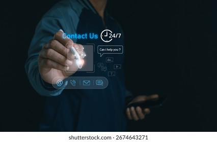 Man interacting with AI chatbot interface for 24-7 customer support, showing digital assistance, contact us options and smart communication in modern business services. Online IT support technical.