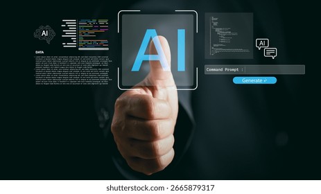 A man interacting with AI technology, using a smart robot and command prompt to generate outcomes, showcasing futuristic transformation and the power of artificial intelligence in action.