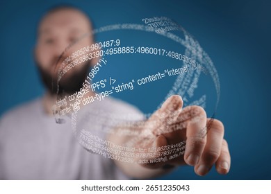 Man Interacting with Digital Code Sphere