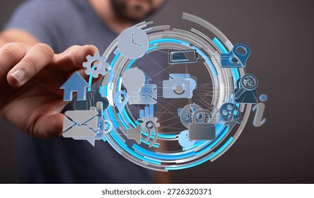 Man Interacting with Digital Interface Showing Icons