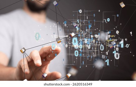 Man Interacting with Digital Network Data