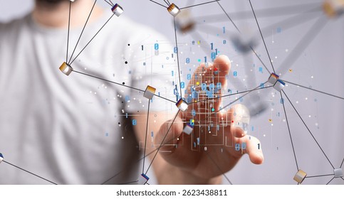 Man Interacting with Digital Network Data Visualization