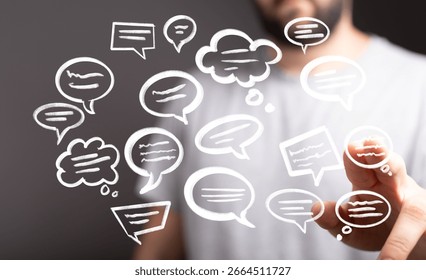 Man Interacting with Floating Chat Bubbles: Communication Concept