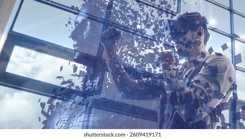 Man interacting with fragmented digital human figure, image over modern office background. Technology, AI, artificial intelligence, futuristic, innovation, interaction - Powered by Shutterstock - Get 15% off with code: PIKWIZARD15