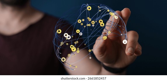 Man Interacting with Global Network Visualization