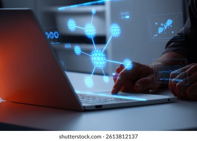 Man interacting with a holographic molecule in blue color. Concept of biotechnology research , Innovative biotech, molecular biology, medical research and molecular nano structures