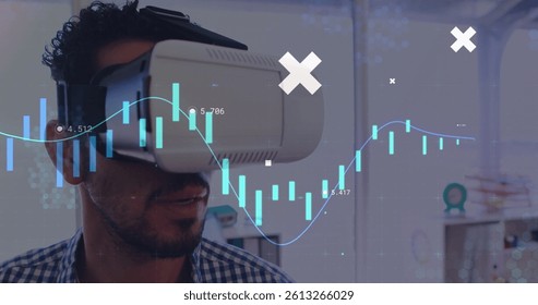 Man interacting with interface at modern workspace, using virtual reality goggles and colorful data. Virtual reality, technology, engagement, innovation, digital, office, interaction