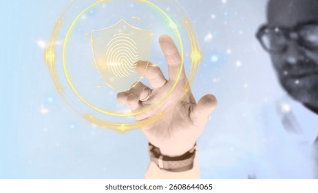 Man interacts with a digital fingerprint icon, symbolizing security. The fingerprint highlights digital security and identity protection. Innovative technology, digital security technology concept.