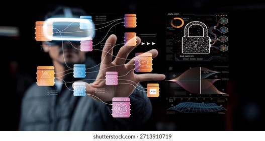 A man interacts with a digital interface while wearing a virtual reality headset, showcasing advanced data visualization and cybersecurity elements in a modern environment.