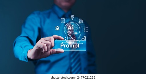 Man interacts with "Prompt" button and AI interface. Concept: Artificial intelligence awaits user input to shape the future.
