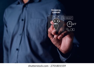 A man interacts with a virtual assistant symbolizing technical support in a sleek office atmosphere. The technology highlights customer engagement and efficiency.