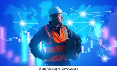 Man international logistics specialist. Global supply chains. Man with cardboard box near world map. Charts of growth and decline of imports. Portrait of logistics specialist in orange vest