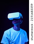 Man interting with virtual reality using vr headset.