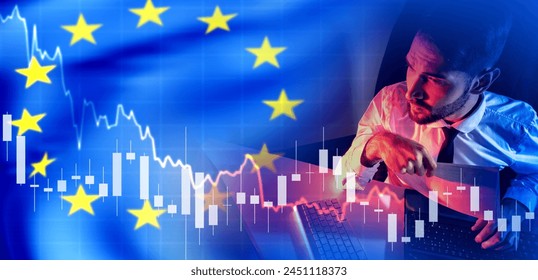 Man investor from EU. Financial trader with European union flag. Crisis chart. Fall in EU GDP. Analyst predicts crisis. Declining profits of European companies. Recession crisis in EU. - Powered by Shutterstock