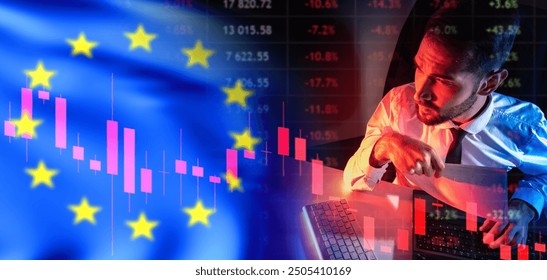 Man investor from European union. Financial charts. EU flag. Man trader near computer. Analyst predicts crisis in EU. Investor is losing money invested in European union. Investments in euro area - Powered by Shutterstock