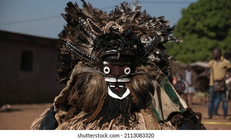 Man, Ivory Coast 01 01 2022: Masks Coming From Sacred Forest Are Important For Rituals And Ceremonies