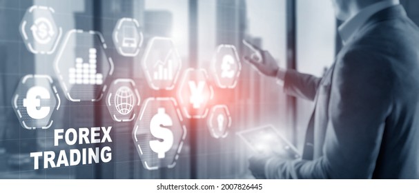 Man in a jacket clicks on a virtual screen inscription Forex Trading