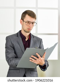 Man In Jacket Folder Successful Manager Work With Documents, Strict Control Concept.