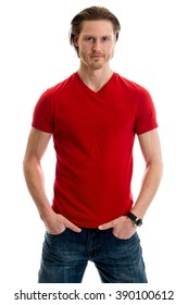 Man In Jeans And Red Tee Shirt. Studio Shot Over White.