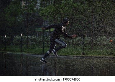 Man Jogging Under Rain, Flash Light