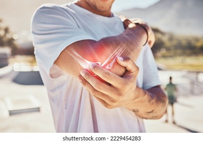 Man, joint pain and elbow arthritis in outdoor closeup in summer sunshine with massage arms. Broken arm, bone and guy at urban park in metro, city or town with physical therapy with hands in zoom