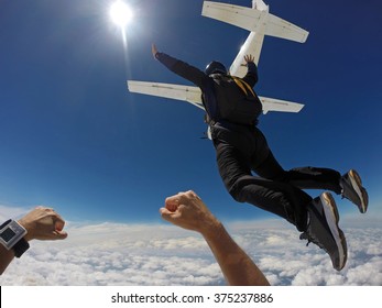 Man Jump Of Plane, Skydiving Point Of View.