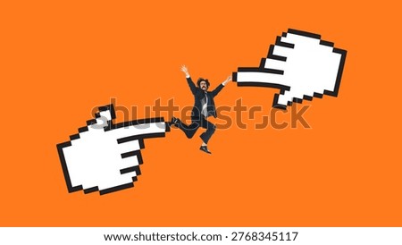 Man jumping between two cursor pointers on bright minimal background. Concept of switching between options, fast decision making, user navigation paths and dynamic interaction behavior.