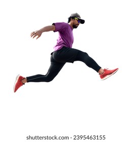 Man jumping with happiness and joy on white background isolated - Shutterstock ID 2395463155