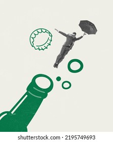 Man Jumping Into Open Beer Bottle. Contemporary Art Collage. Magazine Style. Concept Of Festival, Holidays, Fun, Joy, Drinks And Snacks, Oktoberfest, Ad And Sales. Surrealism