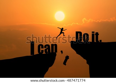 Man jumping on I can do it or I can't do it text over cliff on sunset background,Business concept idea Stockfoto © 