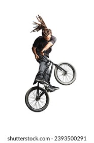Man jumping and performing tricks on BMX bicycle. Isolated on white background.