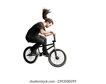 Man jumping and performing tricks on BMX bicycle. Isolated on white background. - Powered by Shutterstock