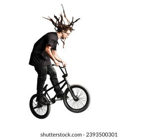 Man jumping and performing tricks on BMX bicycle. Isolated on white background. - Powered by Shutterstock