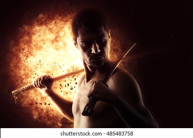  Man With Katana Sword Over Explosion Background