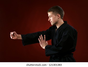 man in kimono on a red background - Powered by Shutterstock