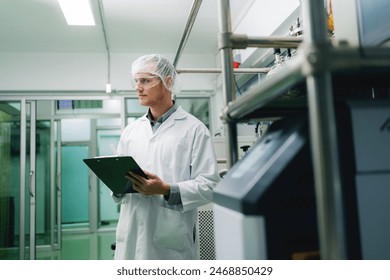 A man in a lab coat holding a clipboard. He is wearing a white lab coat and a white hat - Powered by Shutterstock