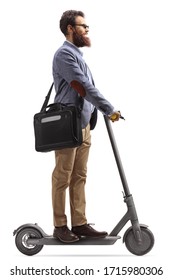 Man With A Laptop Case Going To Work With An Electric Scooter Isolated On White Background