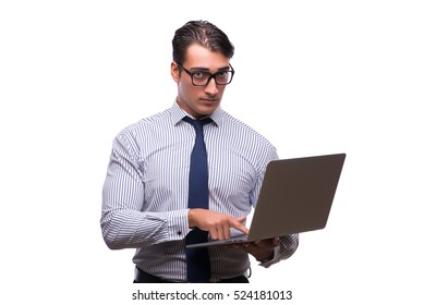 Man with laptop isolated on white - Shutterstock ID 524181013