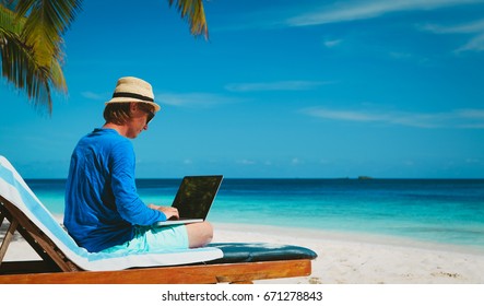 Man With Laptop On Tropical Beach