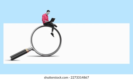 A man with a laptop is sitting on a big magnifying glass. Art collage. Searching for information on the internet concept.
