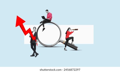 A man with a laptop is sitting on a big magnifying glass. Art collage. Searching for information on the internet concept. - Powered by Shutterstock