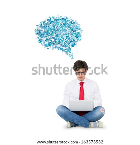 A man with laptop, thinking of ...