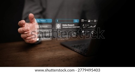 A man with a laptop using AI powered search interface with online research results, SEO insight, and data analysis. Smart web search, digital marketing analytics, and business intelligence concept.
