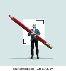 The man with a large pencil in his arm. Art collage. - Shutterstock ID 2258142139