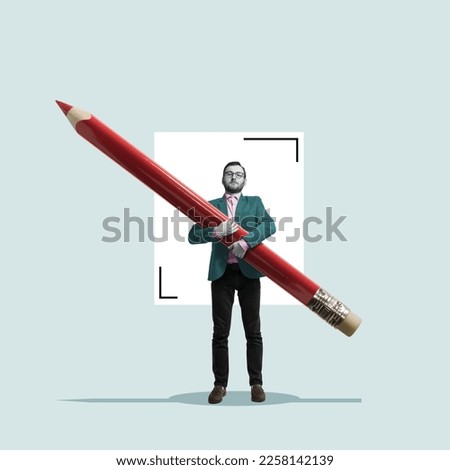 The man with a large pencil in his arm. Art collage.