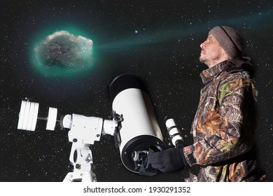 A Man With A Large Telescope Is Watching Flying Comet.