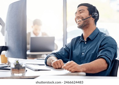 Man, laugh and computer with headset in office for support, customer with problem in Turkey. Male consultant, keyboard and help with headphones for telemarketing, service for debt review or loan - Powered by Shutterstock