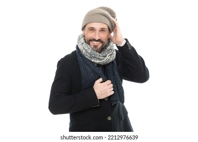 Man Laugh And Wear Winter Warm Clothes Isolated On White Background. Studio Shot Of Man