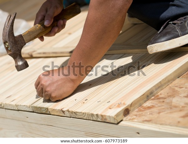 Man Laying Laminate Flooring Tools Stock Photo Edit Now