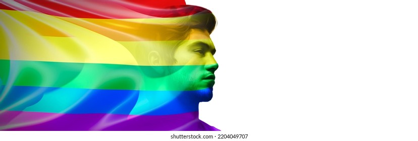 Man Leader Of Lgbt Community. Portrait Silhouette Of Man With LGBT Pride Flag. Beyond The Mind. Silhouette Of Man With Space As Brain. Rainbow Flag Painted On Face To Show Gay Pride Support